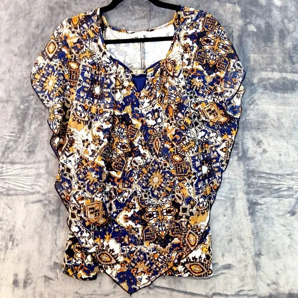 Notations Shirt Womens Medium Boho Floral Abstract Print Keyhole Blouse Top - Picture 1 of 7